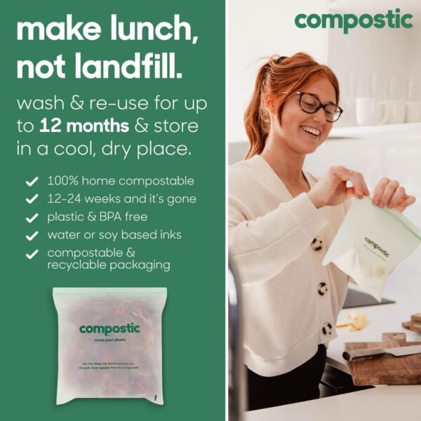 Home Compostable Resealable Gallon Bags (10.5"x10.5"), Microwave & Freezer Safe, Organic Food Storage Container, 60 Count (30 per box) - Image 5