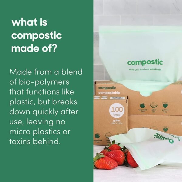 Home Compostable Resealable Gallon Bags (10.5"x10.5"), Microwave & Freezer Safe, Organic Food Storage Container, 60 Count (30 per box) - Image 8