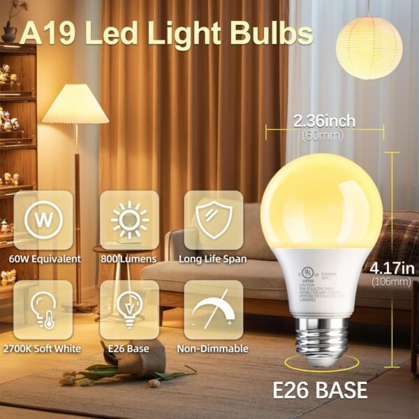 TJOY 24 Pack A19 LED Light Bulbs Soft White 2700K, 60 Watt Equivalent LED Bulb, Efficient 9W, E26 Standard Base, Non Dimmable Energy Saving Warm Light Bulb, 800LM, 120V Bulb for Bedroom Living Room - Image 2