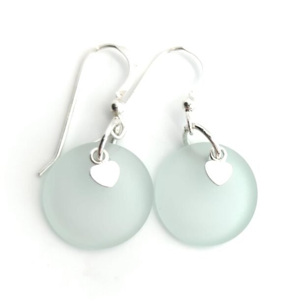 NEW! Light Sea Foam Green Recycled Sea Glass Earrings with Charming Sterling Silver Heart Charms and Sterling Silver Hooks, by Aimee Tresor Jewelry - Image 2