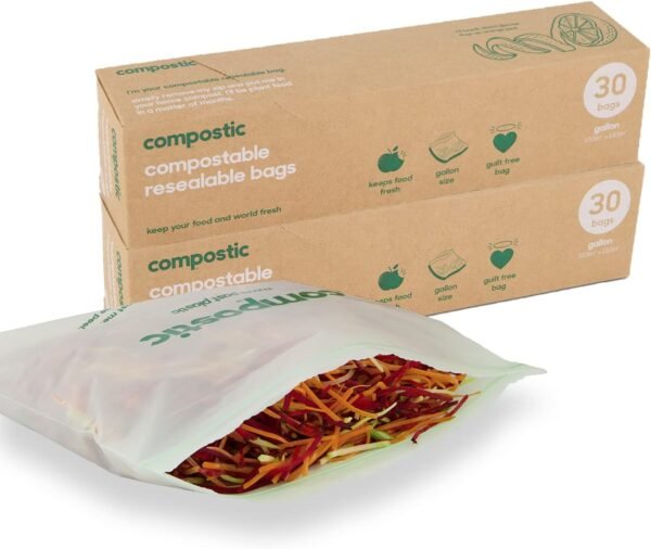 Home Compostable Resealable Gallon Bags (10.5"x10.5"), Microwave & Freezer Safe, Organic Food Storage Container, 60 Count (30 per box)