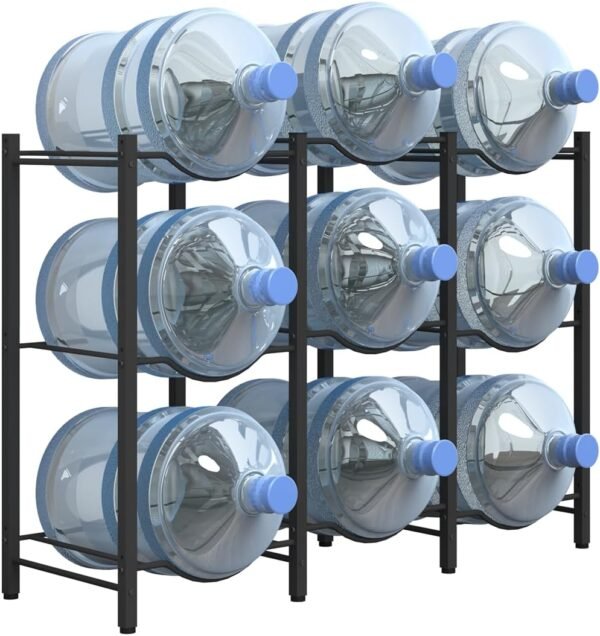 5 Gallon Water Jug Rack, Detachable Water Bottle Holder for 9 Bottles, 3 Tier Heavy Duty Water Cooler Jug Rack, Water Bottle Organizer Storage Rack for Kitchen, Office, Living Room, Black