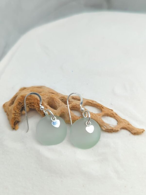 NEW! Light Sea Foam Green Recycled Sea Glass Earrings with Charming Sterling Silver Heart Charms and Sterling Silver Hooks, by Aimee Tresor Jewelry - Image 5