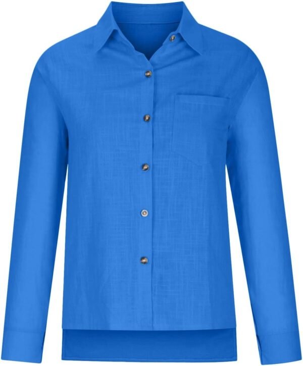 Womens Cotton Linen Button Down Shirt 2024 Spring Casual Long Sleeve Solid Color Shirts Loose Work Tops with Pockets - Image 2