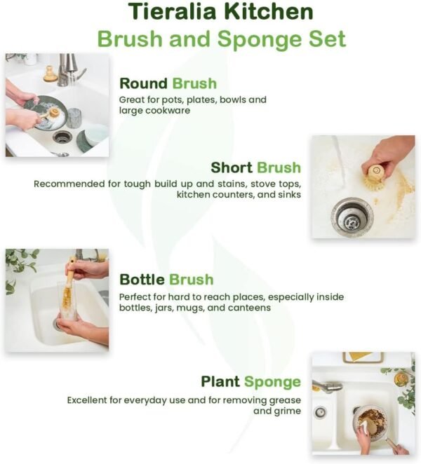 Tieralia 5-Piece Eco-Friendly Bamboo Dish Brush Set with Compostable Wood Pulp Sponges | Bamboo Dish Brushes Kitchen Cleaning Set | Dish Brush Set | Dish Brush - Image 6