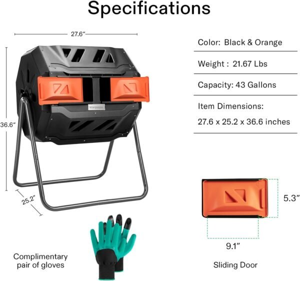 VIVOSUN Outdoor Tumbling Composter Dual Rotating Batch Compost Bin, 43 Gallon Orange Door - Image 6