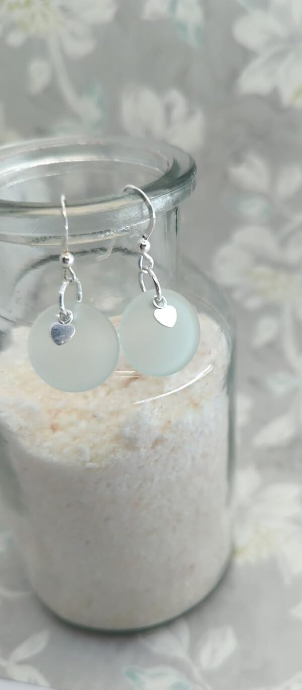 NEW! Light Sea Foam Green Recycled Sea Glass Earrings with Charming Sterling Silver Heart Charms and Sterling Silver Hooks, by Aimee Tresor Jewelry - Image 4