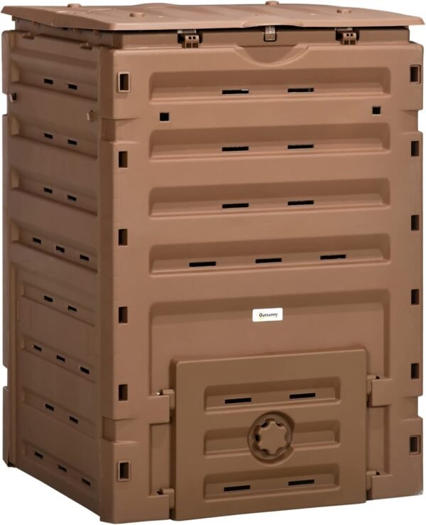 Outsunny Garden Compost Bin, 120 Gallon (450L) Garden Composter, BPA Free, with 80 Vents and 2 Sliding Doors, Lightweight & Sturdy, Fast Creation of Fertile Soil, Brown