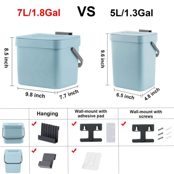 LALASTAR Kitchen Compost Bin, Hanging Trash Can with Lid for Kitchen Cabinet Door, Under Sink, Wall Mounted Waste Bin for Bathroom, 1.8 Gallon, Blue - Image 6