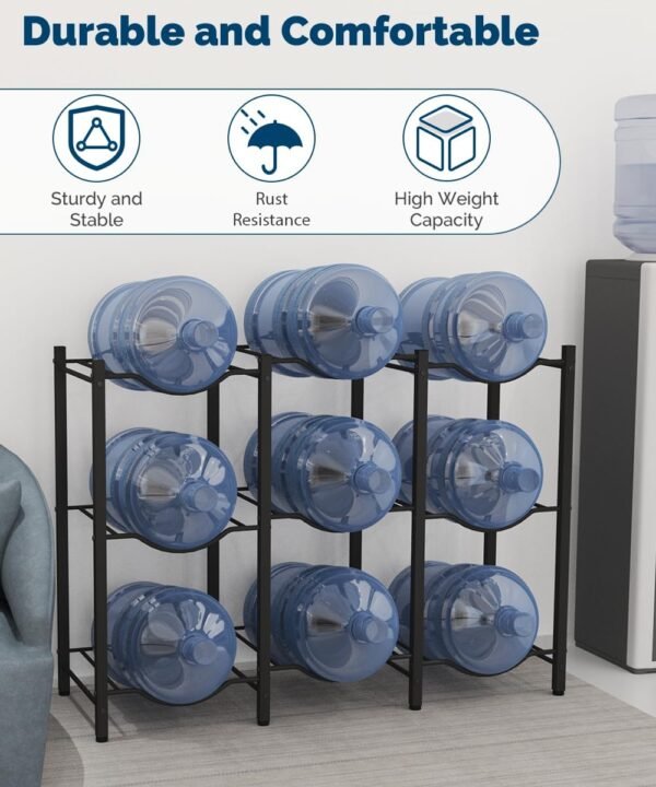 5 Gallon Water Jug Rack, Detachable Water Bottle Holder for 9 Bottles, 3 Tier Heavy Duty Water Cooler Jug Rack, Water Bottle Organizer Storage Rack for Kitchen, Office, Living Room, Black - Image 3