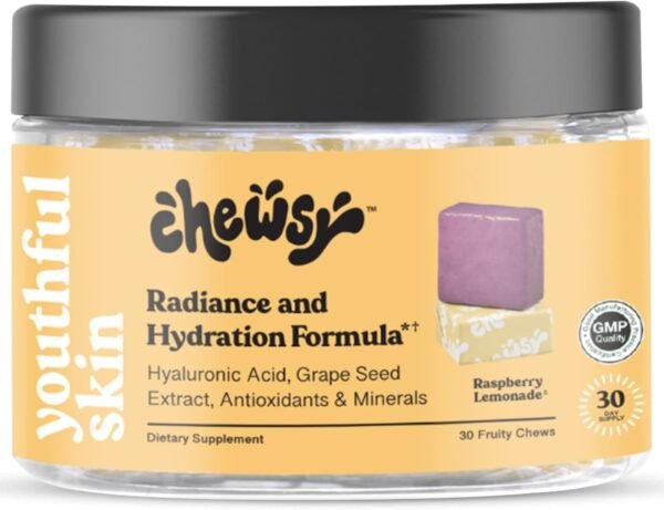 Youthful Skin, Fruity Chews Vitamins, Radiance & Hydration Formula, Hyaluronic Acid, Grape Seed Extract, Antioxidants & Minerals, Vitamins Raspberry Lemonade Flavor 30-Day Supply