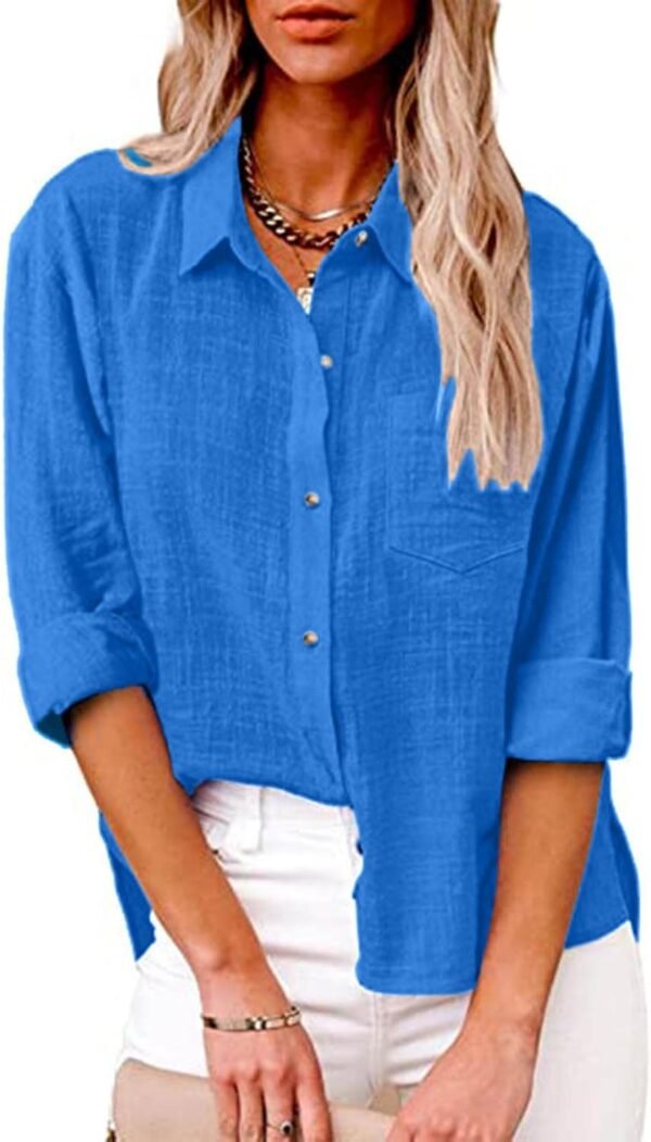 Womens Cotton Linen Button Down Shirt 2024 Spring Casual Long Sleeve Solid Color Shirts Loose Work Tops with Pockets
