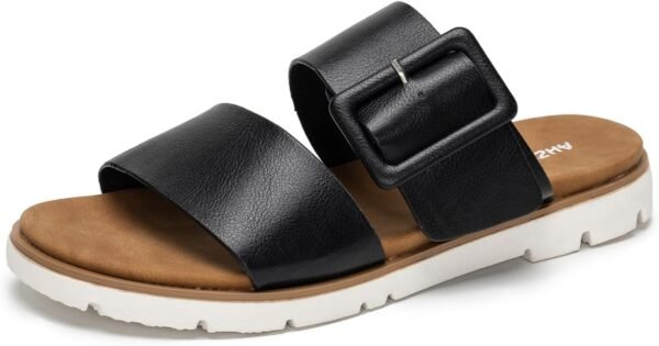 Women's Slide Wide Width Flat Sandals Arch Support Slip On Two Strap Sandals Summer Comfortable Beach Walking Dressy Shoes