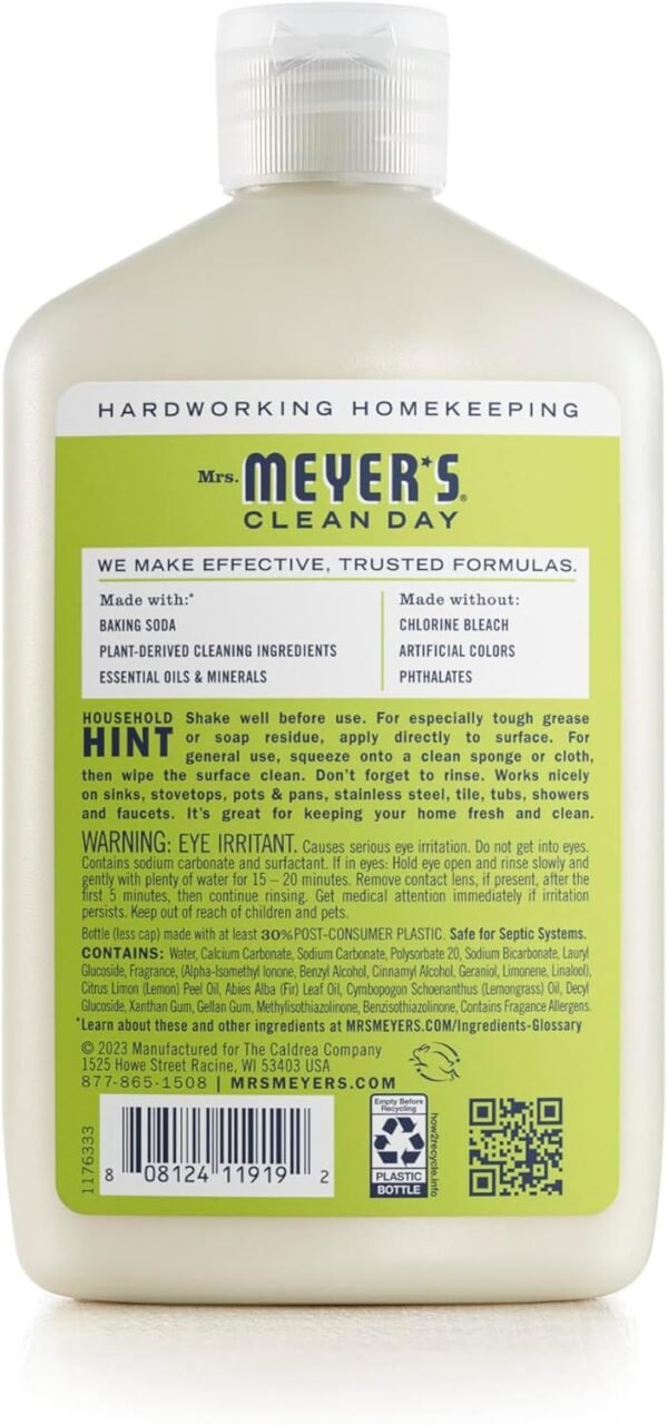MRS. MEYER'S CLEAN DAY Baking Soda Cream Cleaner, Cuts Grease, Scratch-Free Polish, Plant-Derived Cleaning Ingredients, Lemon Verbena, 16 Fl Oz, Pack of 1 - Image 2