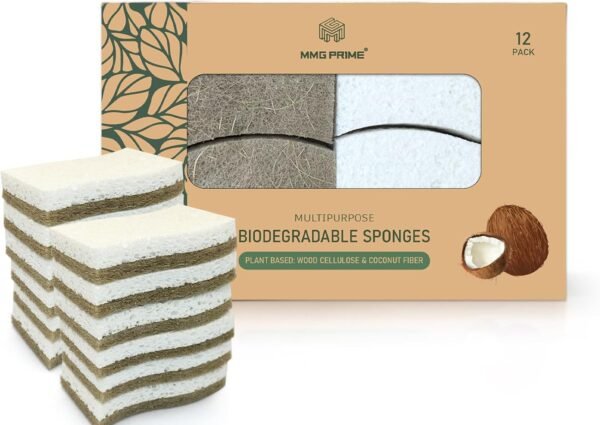 12PCS Natural Kitchen Sponges - Biodegradable Non-Scratch Cellulose and Coconut Fiber Sponge - Pack of 12 Compostable Sustainable and Durable Sponges for All Surfaces - EcoFriendly Sponge for Dishes