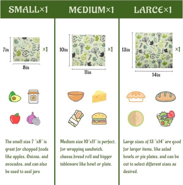 3 Pack Beeswax Wrap, Reusable Food Wraps, Eco-Friendly Reusable Beeswax Food Wraps Set, Zero Waste-Sustainable-Plastic-Free Food Storage Wrapper, 5S Apple, 1S,1M,1L/Flowers and Birds - Image 2