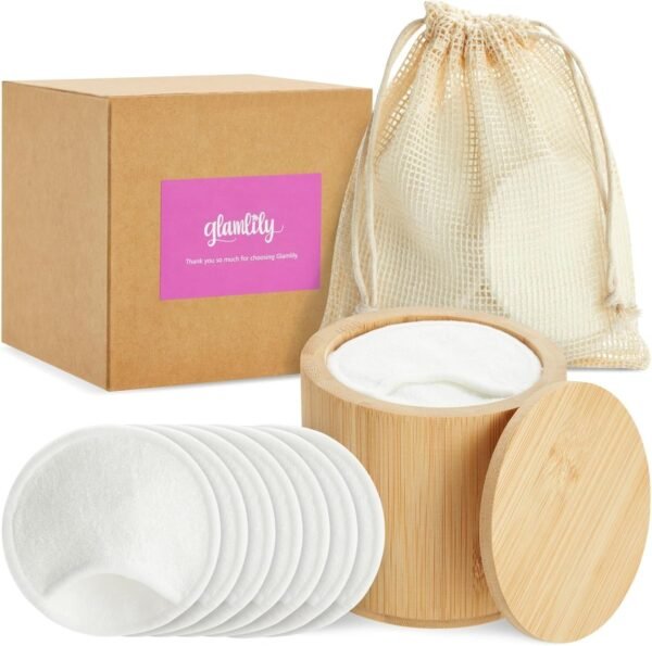 16 Pack Reusable Cotton Pads for Face Makeup Removal with Bamboo Holder and Mesh Storage Bag (White)