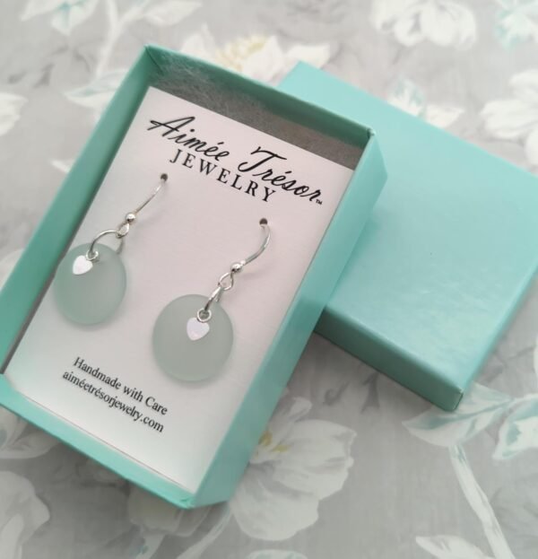 NEW! Light Sea Foam Green Recycled Sea Glass Earrings with Charming Sterling Silver Heart Charms and Sterling Silver Hooks, by Aimee Tresor Jewelry - Image 7