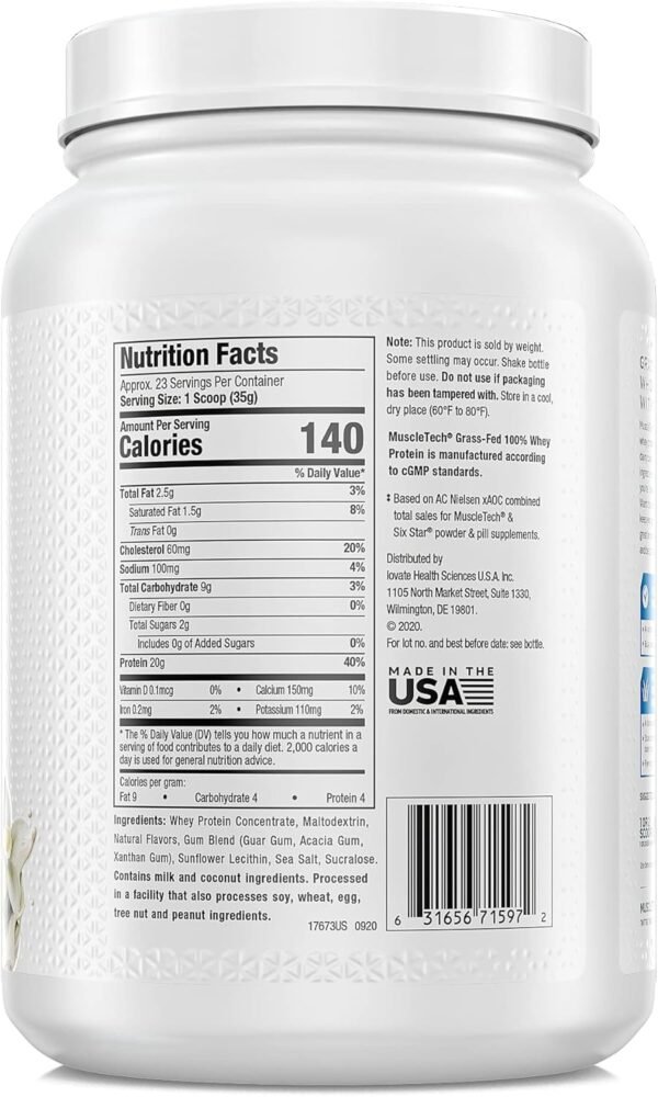 Grass Fed Whey Protein MuscleTech Grass Fed Whey Protein Powder Protein Powder for Muscle Gain Growth Hormone Free, Non-GMO, Gluten Free 20g Protein + 4.3g BCAA Deluxe Vanilla, 1.8 lbs - Image 8