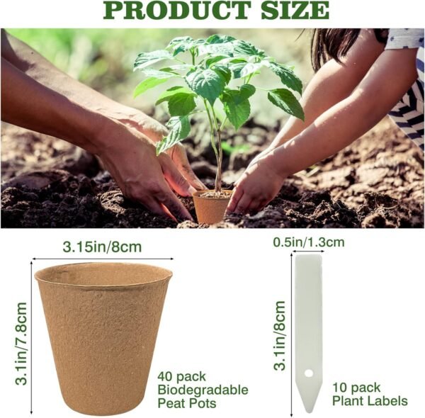 40Pcs 3.15 Inch Peat Pots, Biodegradable Eco-Friendly Round Plant Seedling Starters Kit, Seed Germination Trays with 10 Labels for Flower Vegetable Tomato Saplings & Herb Germination, Khaki - Image 2