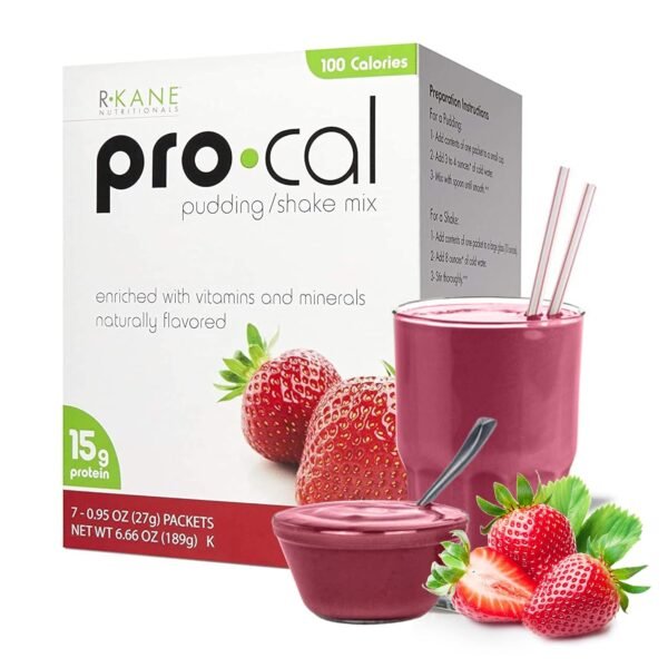 Pro-Cal Pudding/Shake Mix, Low Calorie Protein Shake Powder, Meal Replacement Shakes, Strawberry-Flavored Boost Drink, Kosher, 15g Protein, 7 Packets per Box