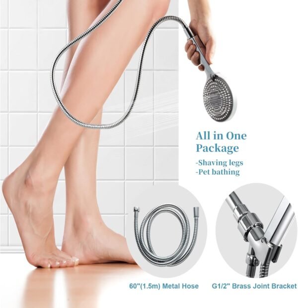 OFFO Handheld Shower Head Set, 6-Mode High Pressure Handheld Sprayer with 60 Inch Stainless Steel Hose & Holder, High Flow Large Powerful Boosting Handheld Showerhead for Low Water Pressure, Chrome - Image 7