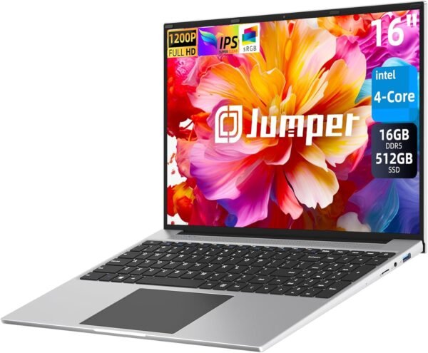 jumper 16 Inch Laptop, 16GB RAM 512GB SSD, Quad-Core Celeron N5095, 1920x1200 FHD IPS Screen, Windows 11 Laptops Computer with Four Stereo Speakers, Cooling System, Numeric Keypad, HD Webcam.