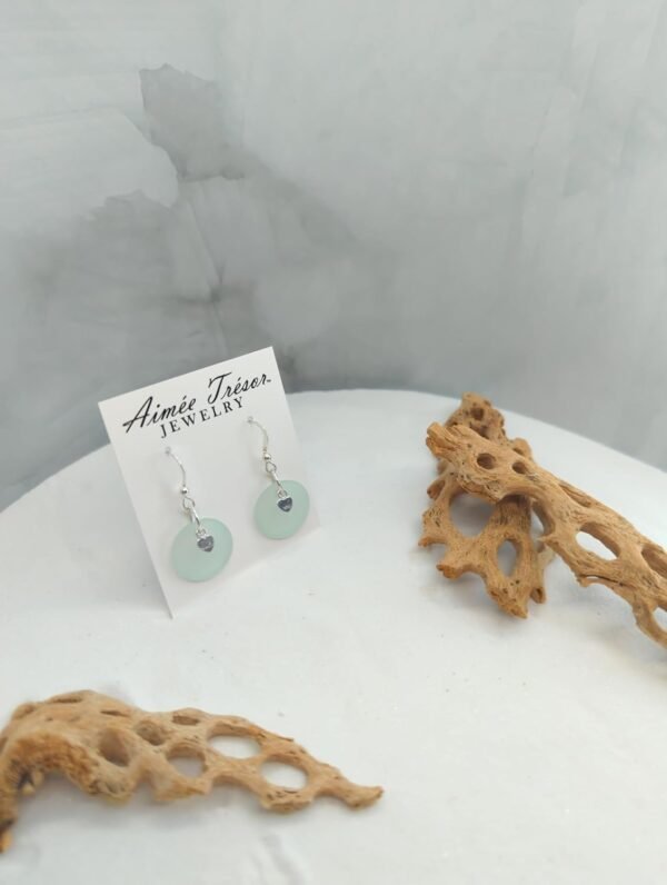 NEW! Light Sea Foam Green Recycled Sea Glass Earrings with Charming Sterling Silver Heart Charms and Sterling Silver Hooks, by Aimee Tresor Jewelry - Image 6