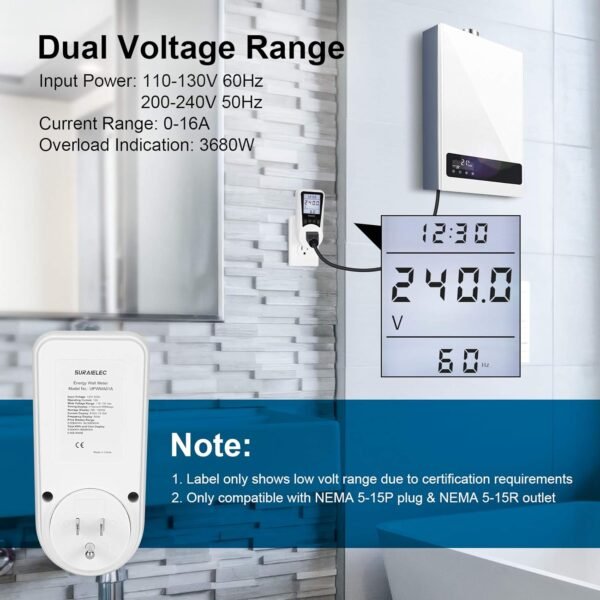 SURAIELEC Watt Meter, Plug-in Socket Power Meter, Auto Cost Calculator, Backlit Large Display, Overload Protection, Kilowatt Wattage Voltage AMP Tester, Electricity Usage Electrical Energy Monitor - Image 6