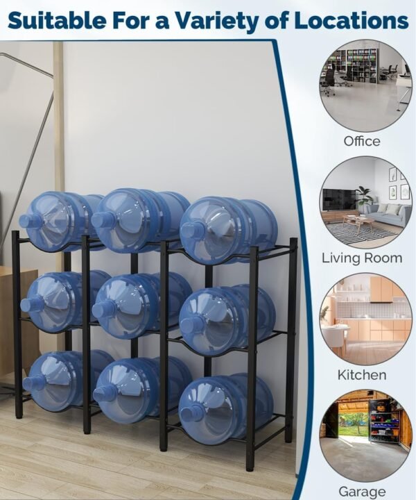 5 Gallon Water Jug Rack, Detachable Water Bottle Holder for 9 Bottles, 3 Tier Heavy Duty Water Cooler Jug Rack, Water Bottle Organizer Storage Rack for Kitchen, Office, Living Room, Black - Image 7