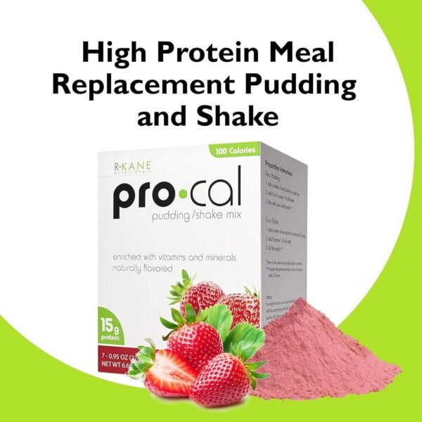 Pro-Cal Pudding/Shake Mix, Low Calorie Protein Shake Powder, Meal Replacement Shakes, Strawberry-Flavored Boost Drink, Kosher, 15g Protein, 7 Packets per Box - Image 2