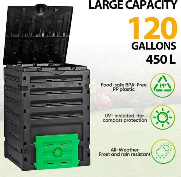 SUPER DEAL Garden Compost Bin 120 Gallon (450 L) Outdoor Large Capacity Composter BPA-Free Material for Fast Creation of Fertile Soil, Easy to Assemble - Image 4