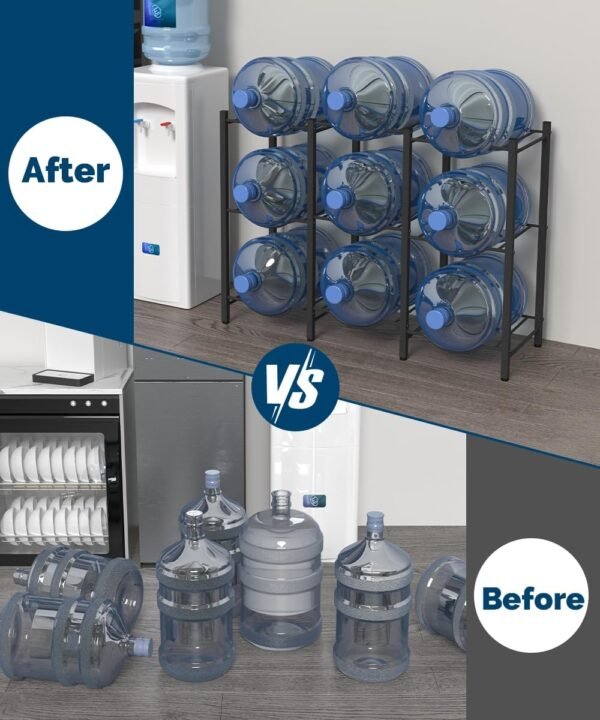 5 Gallon Water Jug Rack, Detachable Water Bottle Holder for 9 Bottles, 3 Tier Heavy Duty Water Cooler Jug Rack, Water Bottle Organizer Storage Rack for Kitchen, Office, Living Room, Black - Image 2