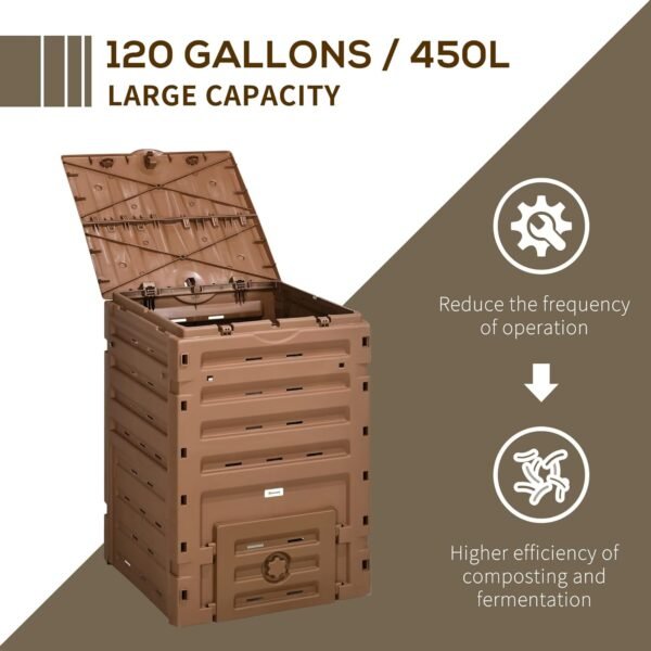 Outsunny Garden Compost Bin, 120 Gallon (450L) Garden Composter, BPA Free, with 80 Vents and 2 Sliding Doors, Lightweight & Sturdy, Fast Creation of Fertile Soil, Brown - Image 3
