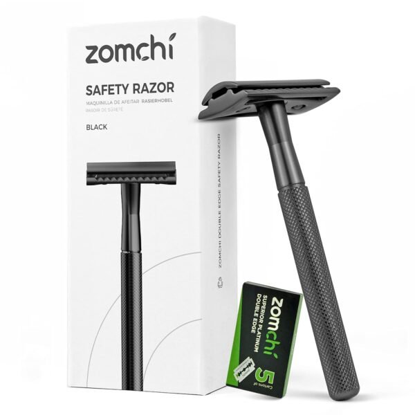 ZOMCHI Safety Razor for Men with 5 Double Edge Safety Razor Blades, One Blade Safety Razor, Metal Razor Zero Waste – Black