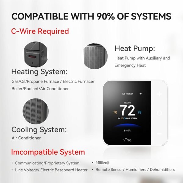 vine Thermostat for Home with Touchscreen Color Display, WiFi Smart Thermostat Compatible with Alexa and Google Assistant, 7day/8period Programmable, Energy Saving, C-Wire Required, Screen Size 2.8" - Image 2