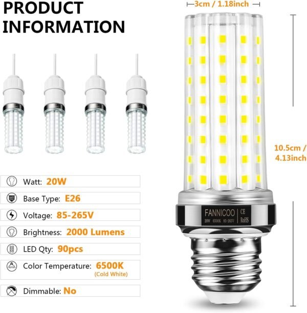 LED Corn Light Bulb 150W Equivalent 2000 Lumen 6500K Cool Daylight White 20W E26/E27 Base Non-dimmable Ceiling Fan Corn Lighting for Home Garage Warehouse Indoor LED Corn Bulbs Pack of 4 - Image 2