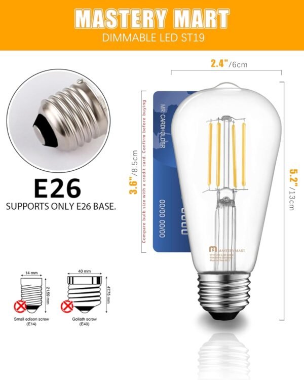 MASTERY MART 10 Pack Vintage LED Edison Bulbs, E26 Led Bulb 5.5W Equivalent to 60W, Dimmable, Soft White 2700K, High Brightness ST58 Antique LED Filament Bulbs, Clear Glass - Image 2