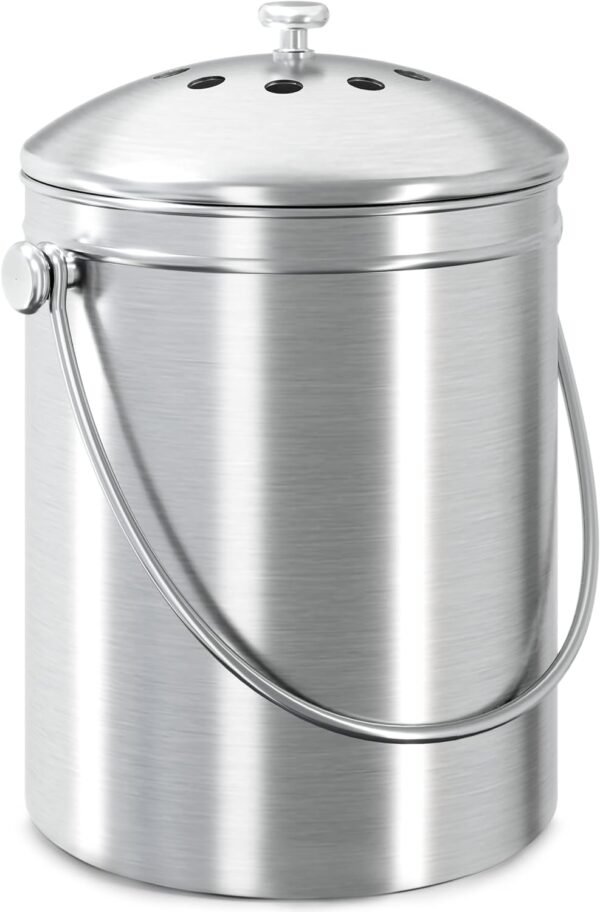 Utopia Kitchen Compost Bin for Kitchen Countertop - 1.3 Gallon Compost Bucket for Kitchen with Lid - includes 1 Spare Charcoal Filter (Silver)