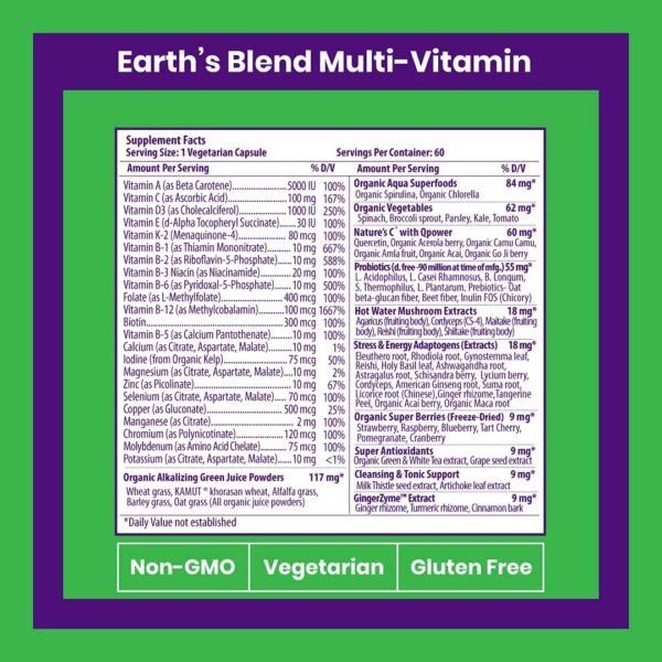 Paradise Herbs - Earth’s Blend® Superfood Multivitamin No Iron - Orac Energy Greens + Nature's C + Minerals + Probiotics + Adaptogens + Herbs | Help Support Overall Whole System Health - 60 Count - Image 3