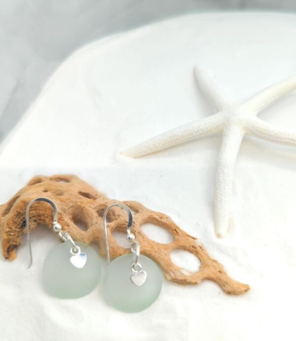 NEW! Light Sea Foam Green Recycled Sea Glass Earrings with Charming Sterling Silver Heart Charms and Sterling Silver Hooks, by Aimee Tresor Jewelry - Image 3