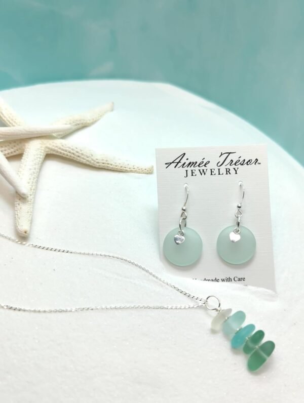 NEW! Light Sea Foam Green Recycled Sea Glass Earrings with Charming Sterling Silver Heart Charms and Sterling Silver Hooks, by Aimee Tresor Jewelry - Image 9