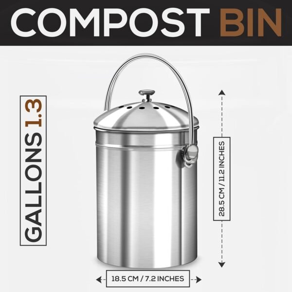 Utopia Kitchen Compost Bin for Kitchen Countertop - 1.3 Gallon Compost Bucket for Kitchen with Lid - includes 1 Spare Charcoal Filter (Silver) - Image 2