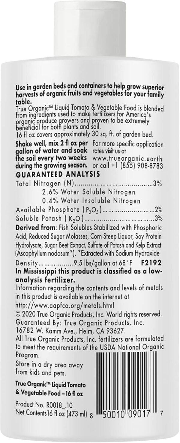 True Organic Tomato and Vegetable Liquid Fertilizer 16 oz - CDFA, OMRI Listed for Organic Gardening NPK 3-2-3 - Image 2