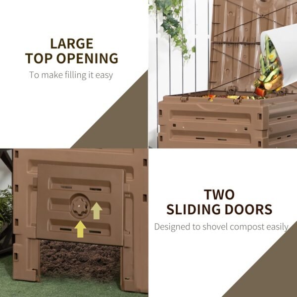 Outsunny Garden Compost Bin, 120 Gallon (450L) Garden Composter, BPA Free, with 80 Vents and 2 Sliding Doors, Lightweight & Sturdy, Fast Creation of Fertile Soil, Brown - Image 6