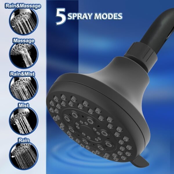 Premium Bathroom Fixed Shower Head, High Presssure Shower heads, 5 Spray Settings Showerhead for Low Water Flow - Simple Shower Head Replacement for Luxury Shower Experience, Matte Black - Image 2