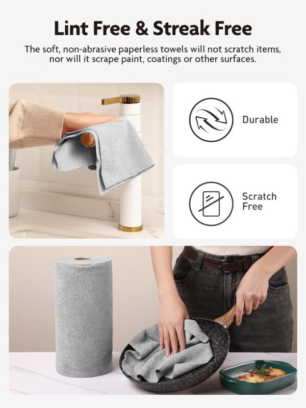 Tear-Away Paperless Paper Towels Roll- 50 Pack, 12x12'', Reuseable Washable Cloth for Home Kitchen Cleaning (Gray) - Image 3