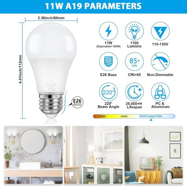 4-Pack A19 LED Light Bulbs, 100W Equivalent LED Bulb, 5000K 1100Lumen Light Bulb 11W, Non-Dimmable E26 Frosted Lighting, CRI 85+, No Flicker - Image 2