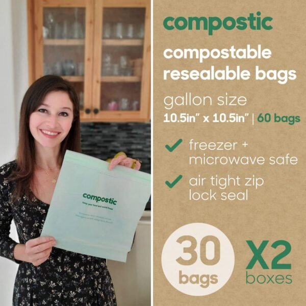 Home Compostable Resealable Gallon Bags (10.5"x10.5"), Microwave & Freezer Safe, Organic Food Storage Container, 60 Count (30 per box) - Image 3