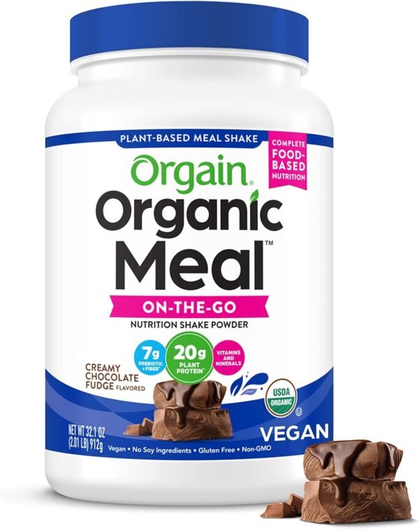Orgain Organic Meal, Vegan Meal Replacement Protein Powder, Creamy Chocolate Fudge - 20g Plant Based Protein, 7g Prebiotic Fiber, Fruits, Vegetables & Greens, Gluten Free, Shakes & Smoothies, 2.01lb